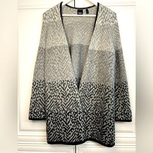 Rafaella Petite Medium Open Front Long Cardigan Grey Pattern Faux Leather Trim